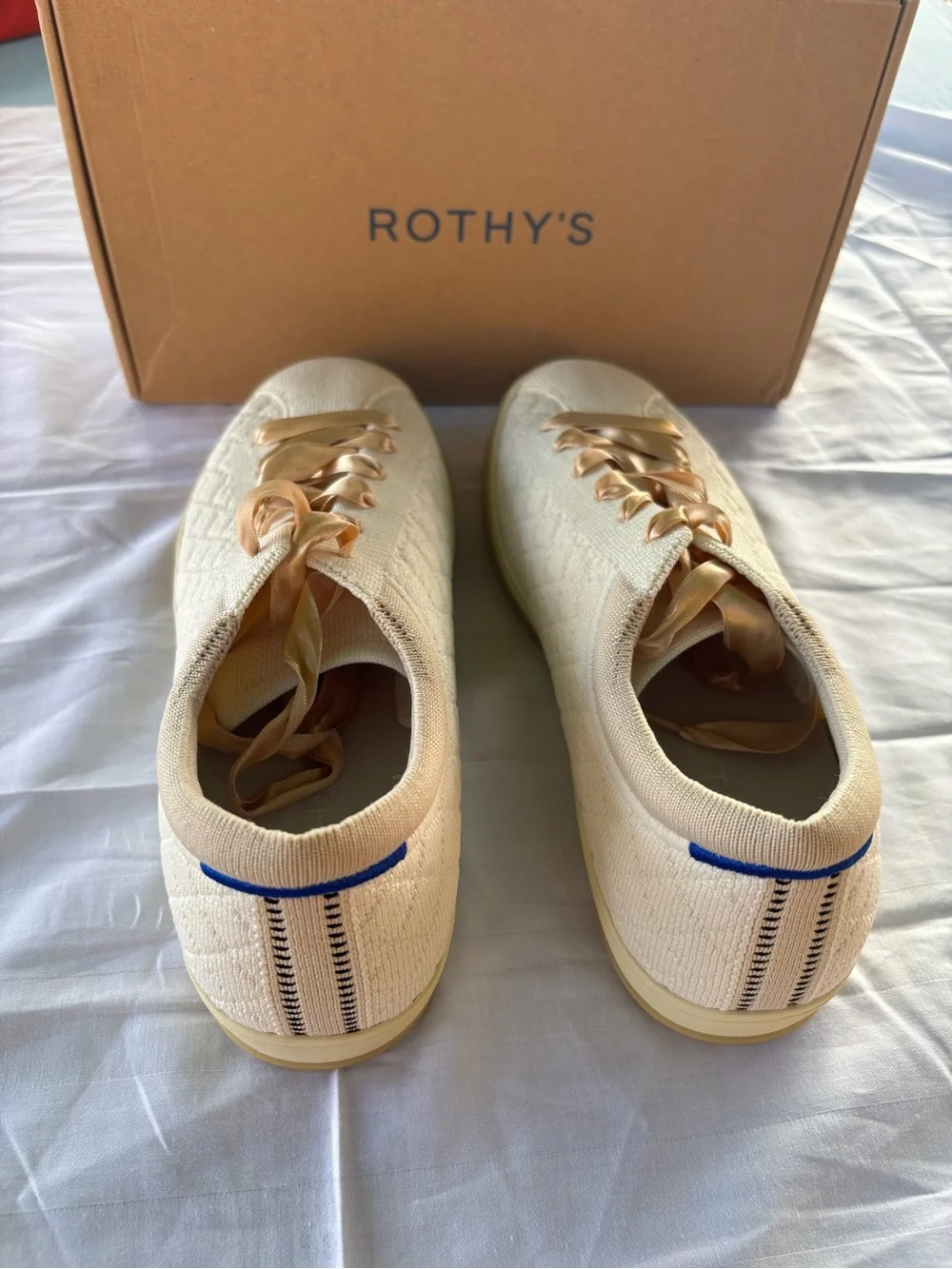 Rothy's Cream Knit Sneakers with Satin Champagne Ribbon Laces